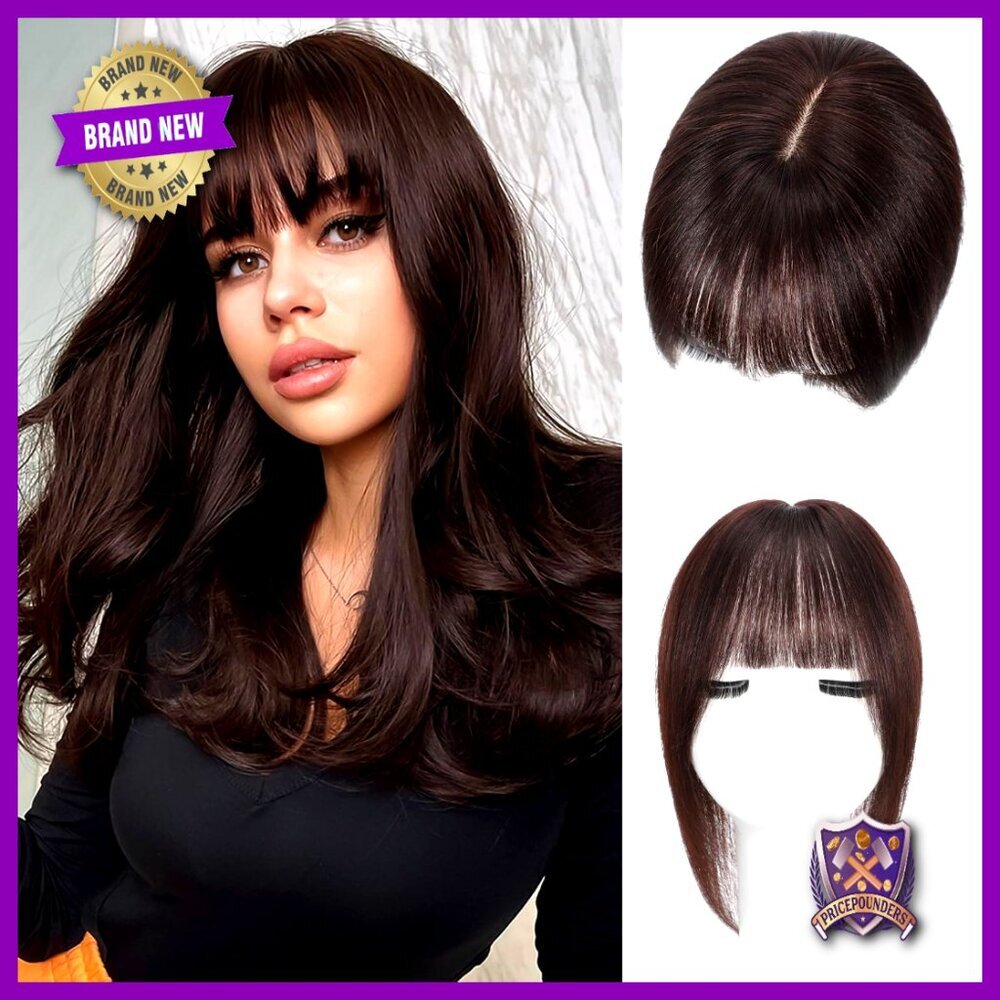 Real Human Hair Topper With Wispy Bangs, 12 Inch Clip In For Thinning Crown,
